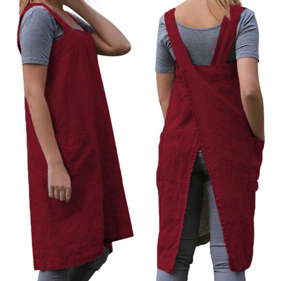 Cotton Linen Apron Cross Back Apron for Women with Big Pockets Square Pinafore D - Picture 3 of 7